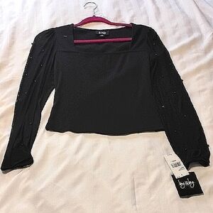 by & by Woman's Black Fitted Blouse With Long Beaded Sleeves, Size: S, NWT